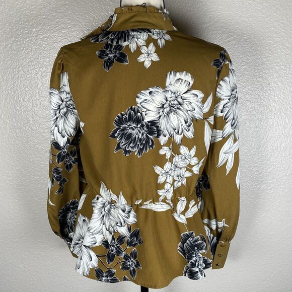 Who What Wear Sz M Long Sleeve Floral Peplum Blouse Asymmetrical Buttons Mustard - Picture 2 of 11